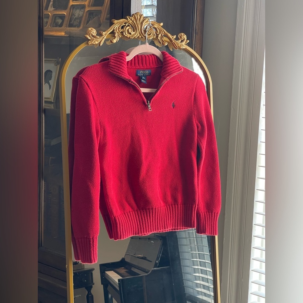 Ralph Lauren Polo Boys Medium Red 1/4 Zip Sweater 100% Cotton